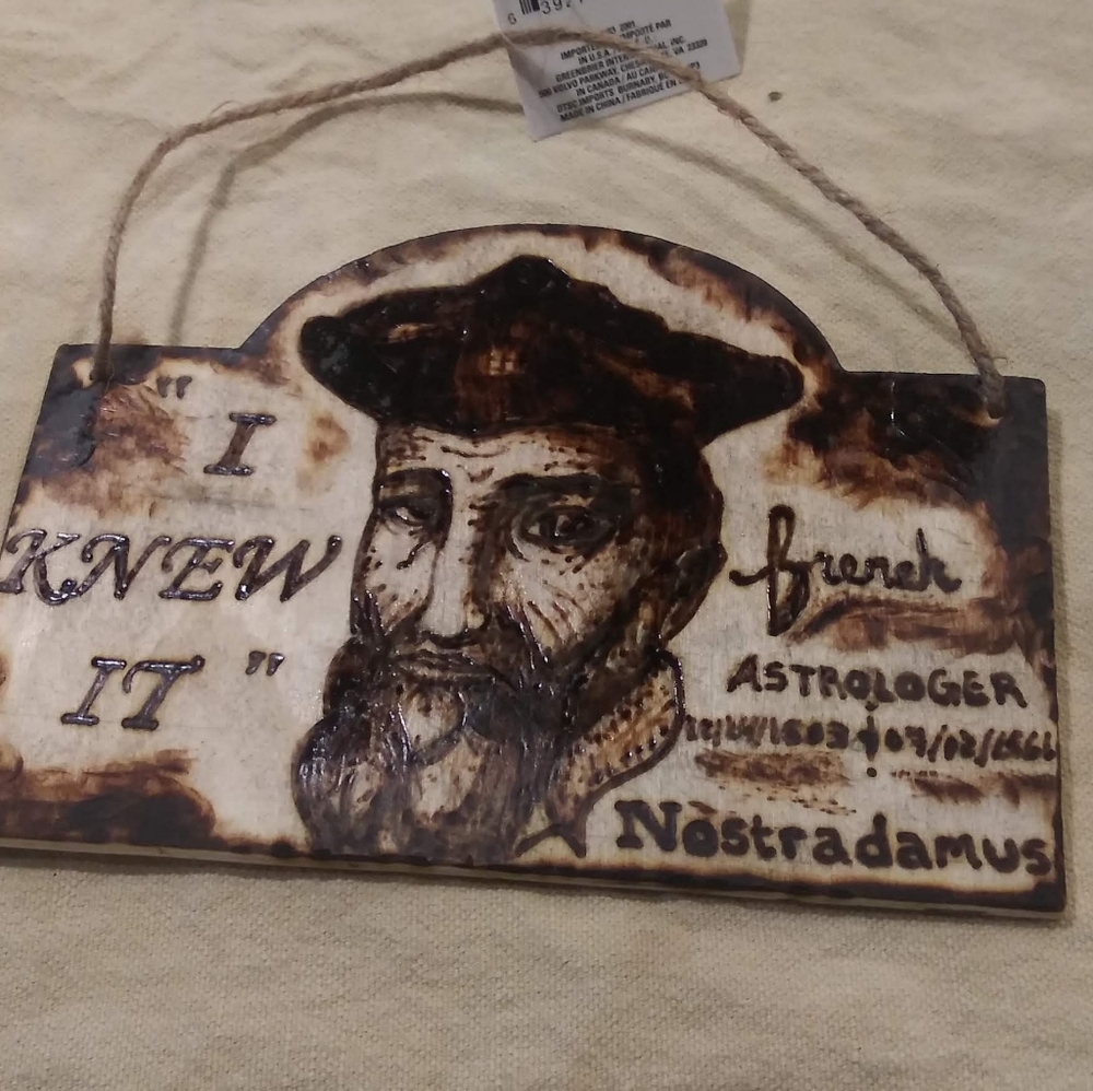 SOLD Nostradamus woodburnt plaque